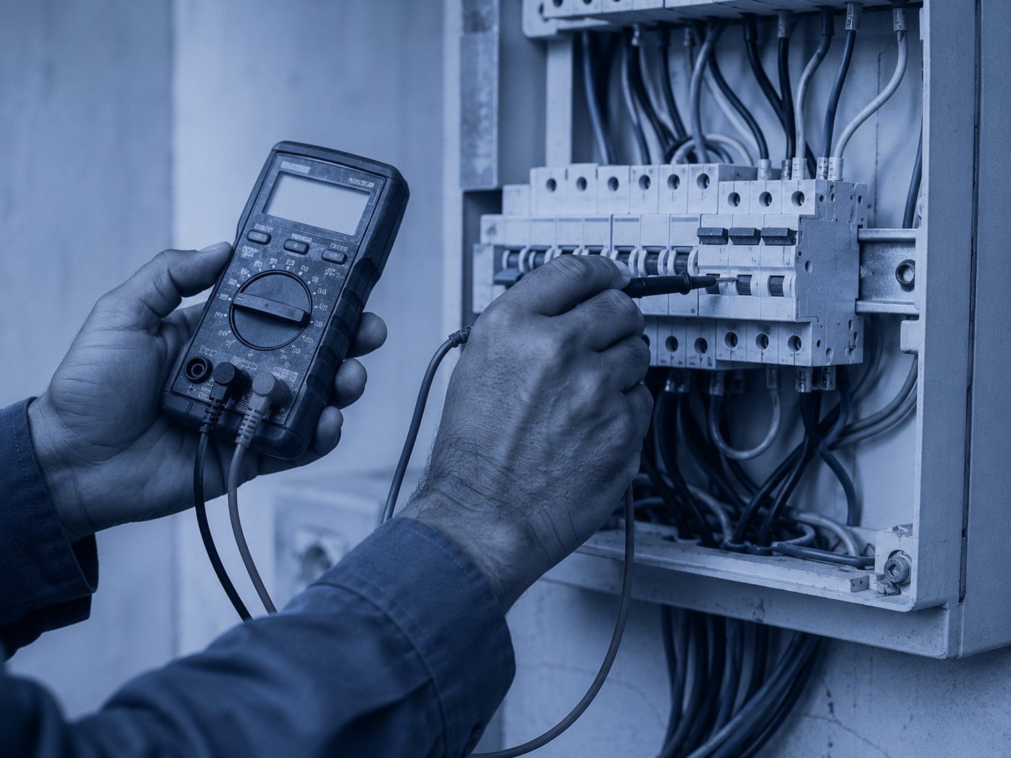 Electrician testing wiring with a multimeter
