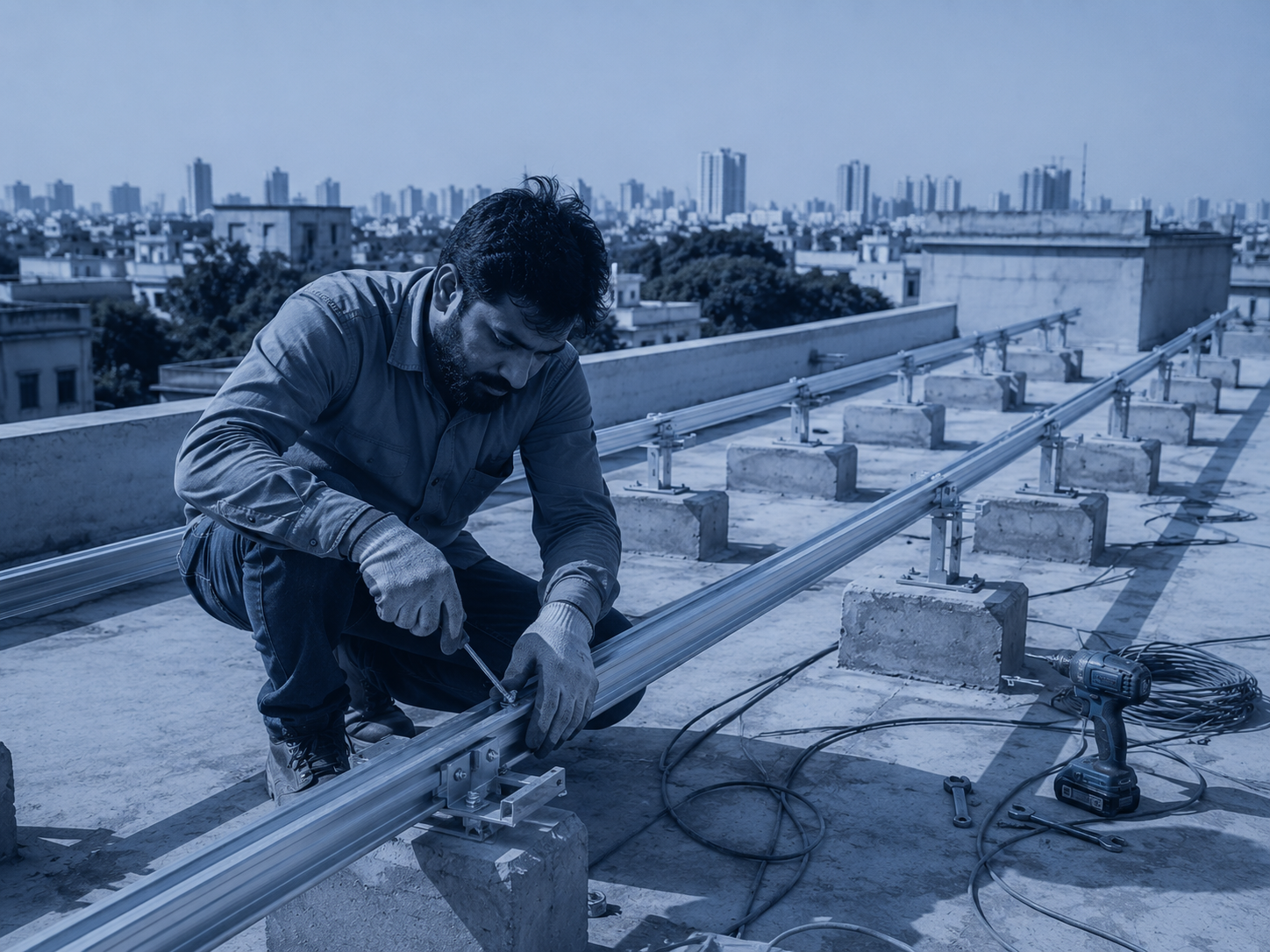 Technician installing solar panel mounting brackets
