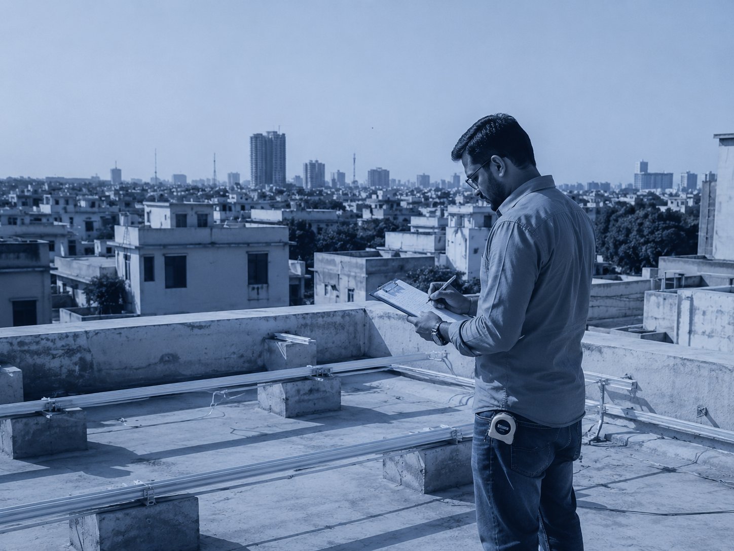Engineer surveying a rooftop for solar installation